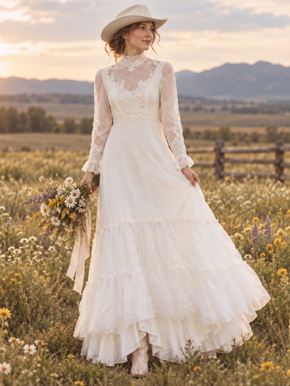 Vintage 1970's Union Made Victorian Style Wedding Dress Size S Lace Western